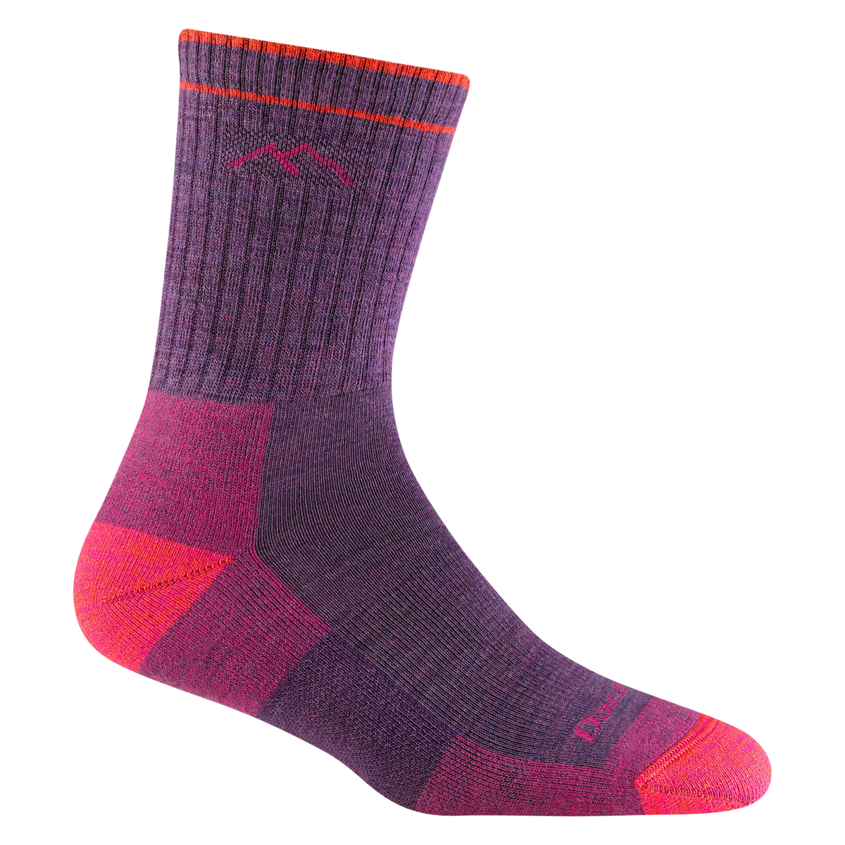 Purple and pink sock with mountain design on a white background
