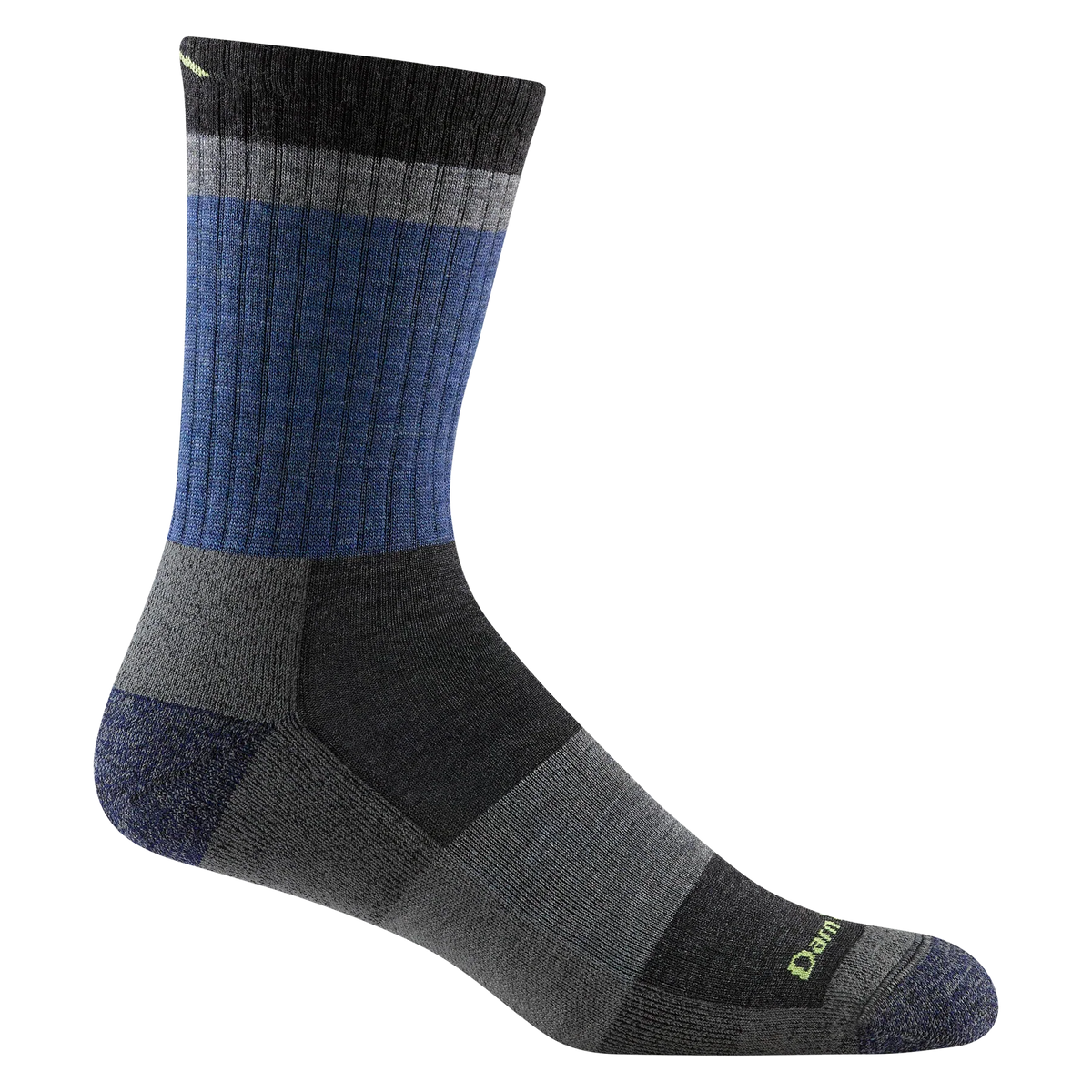 A single crew-length athletic sock shown on a plain white background. The sock features a ribbed blue and gray leg section, a dark charcoal heel and toe, and a small lime green Darn Tough logo near the toe.