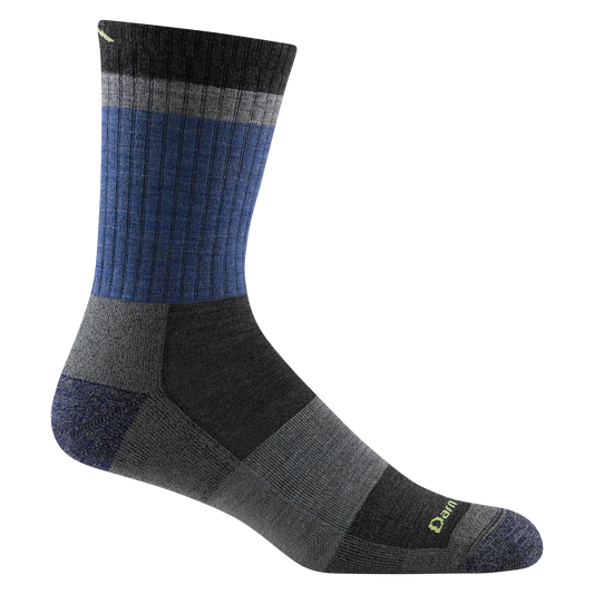 A single crew-length athletic sock shown on a plain white background. The sock features a ribbed blue and gray leg section, a dark charcoal heel and toe, and a small lime green Darn Tough logo near the toe.