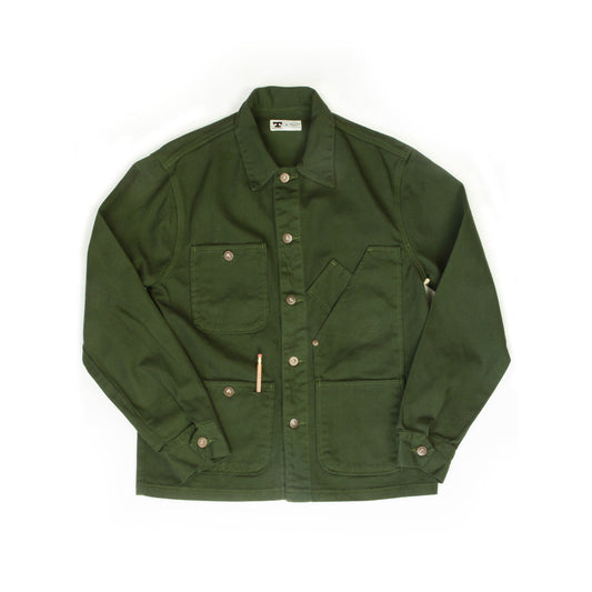 Front view of the Tellason Garment Dyed Coverall Jacket in olive green, showing the buttons down the front, five pockets, long sleeves, and a pencil in one pocket