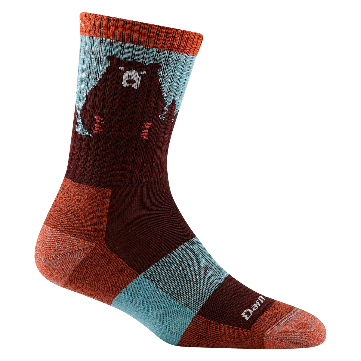 Darn Tough burgundy micro crew sock with a bear design, light blue panels, and rust-orange cuff, heel, and toe.
