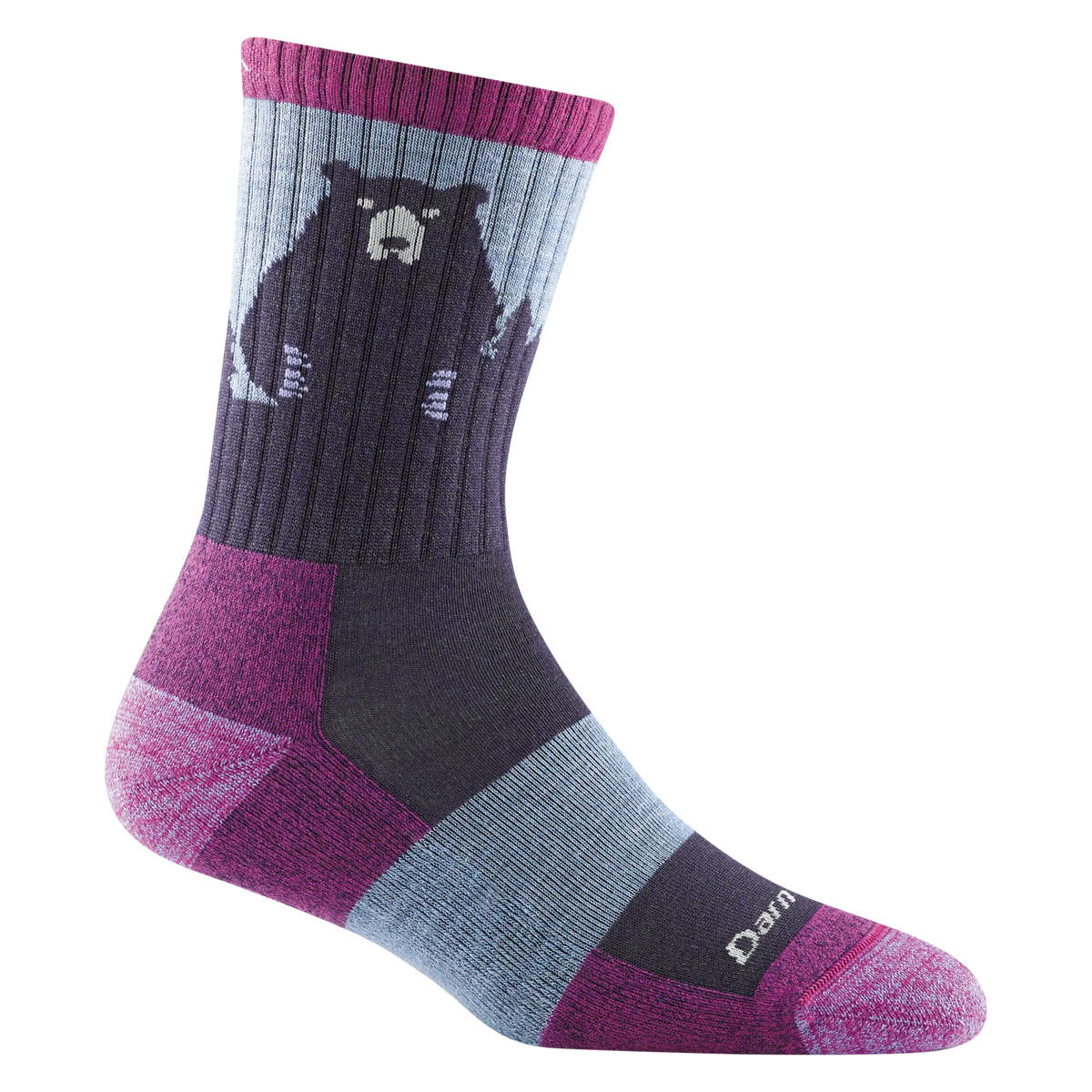 Darn Tough purple micro crew sock with a bear and mountain design, light blue panels, and magenta cuff, heel, and toe.
