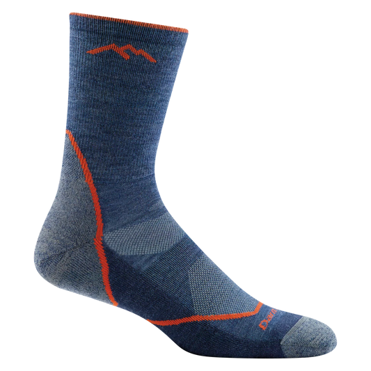 Blue sock with orange accents on a white background