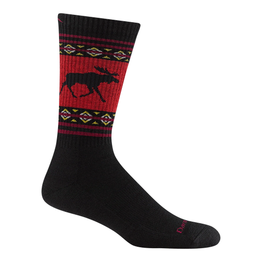 Darn Tough black boot-height hiking sock with a black moose on a red leg panel and yellow-and-white patterned bands.
