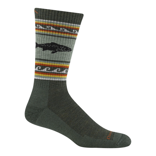 Darn Tough olive-green boot-height sock with a black trout motif and orange, yellow, and gray stripes around the leg.
