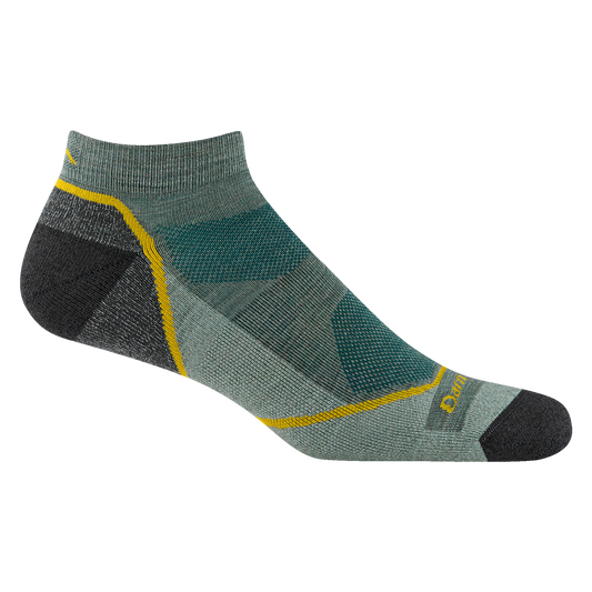 Gray and green sock with yellow accents on a white background