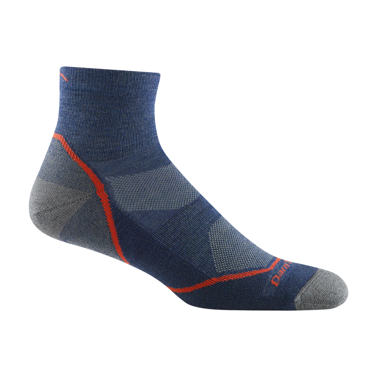 Darn Tough denim-blue quarter-height hiking sock with gray heel and toe panels and orange accent lines, shown from the side.

