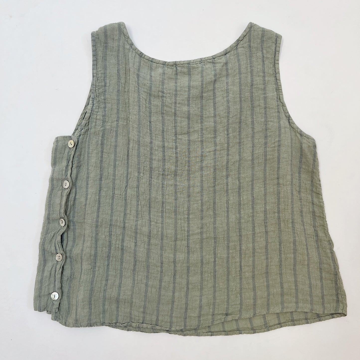 Cut Loose Striped Side Button Shell Tank in Balsam Green, back view, showing five white button closure along left side seam, flat lay on white background
