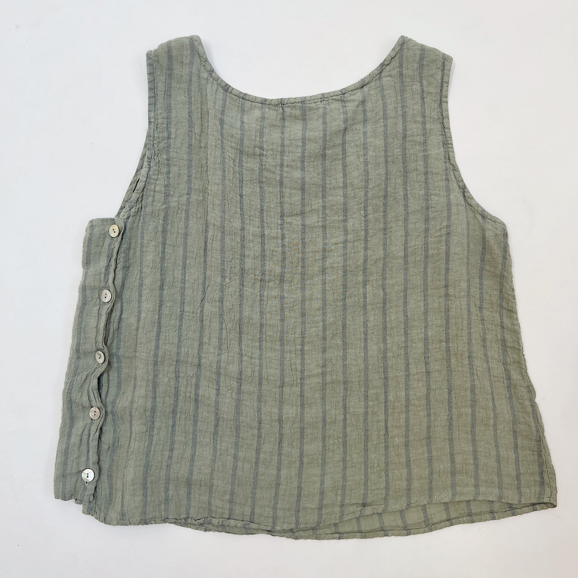 Cut Loose Striped Side Button Shell Tank in Balsam Green, back view, showing five white button closure along left side seam, flat lay on white background
