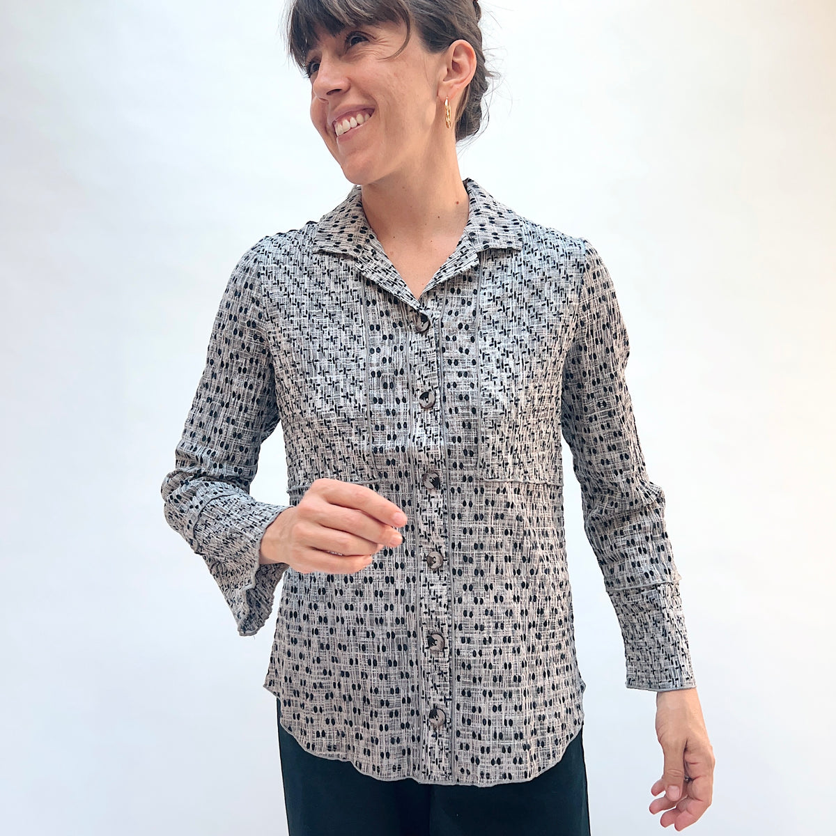 Habitat Mix & Match Geo Tunic in Mushroom, front view showing the button placket, smocked waist detail, and geo dot-grid print on crinkle cotton
