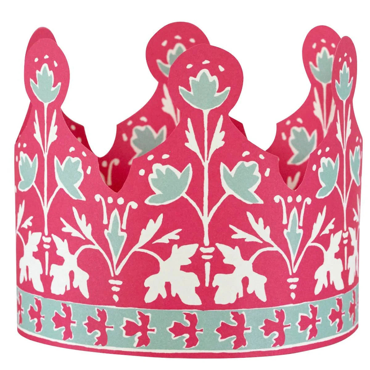 Decorative paper crown with pink, white, and teal floral pattern on a white background