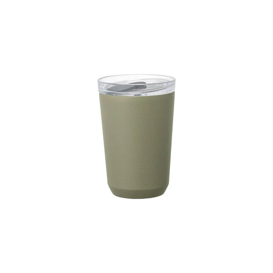 A matte olive green insulated tumbler with a clear plastic lid and a silver metal straw, shown on a solid white background.