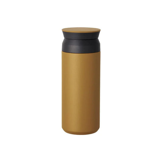 A matte gold cylindrical water bottle with a black neck and a matching gold screw-on lid, shown against a plain white background.