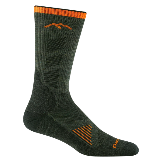 Dark gray green sock with orange accents on a white background