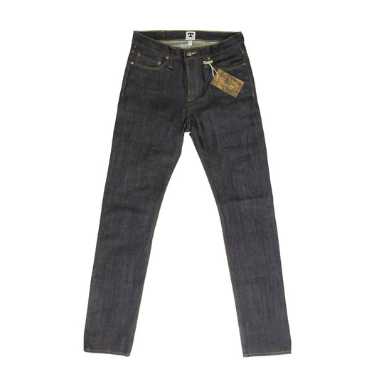 Front view of the Tellason Elgin Mid Rise Slim Tapered Selvedge Denim Jeans in raw indigo, laid flat on white background, showing mid rise waist, slim tapered leg, button fly, two front slash pockets, coin pocket, leather hang tag, and gold topstitching throughout
