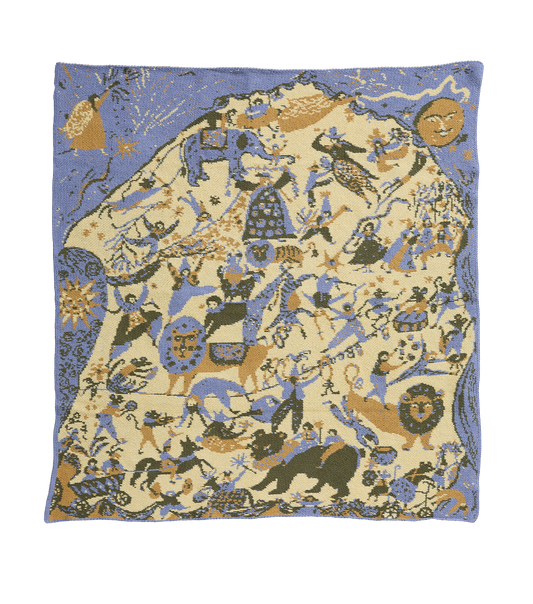 French Cirque Sky Blue child blanket laid flat, showing circus performers, lions, and a bear with a blue border.
