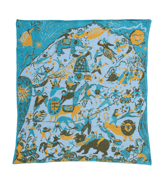 French Cirque Aqua child blanket laid flat, with circus performers, lions, and a bear in aqua, pale blue, and yellow.
