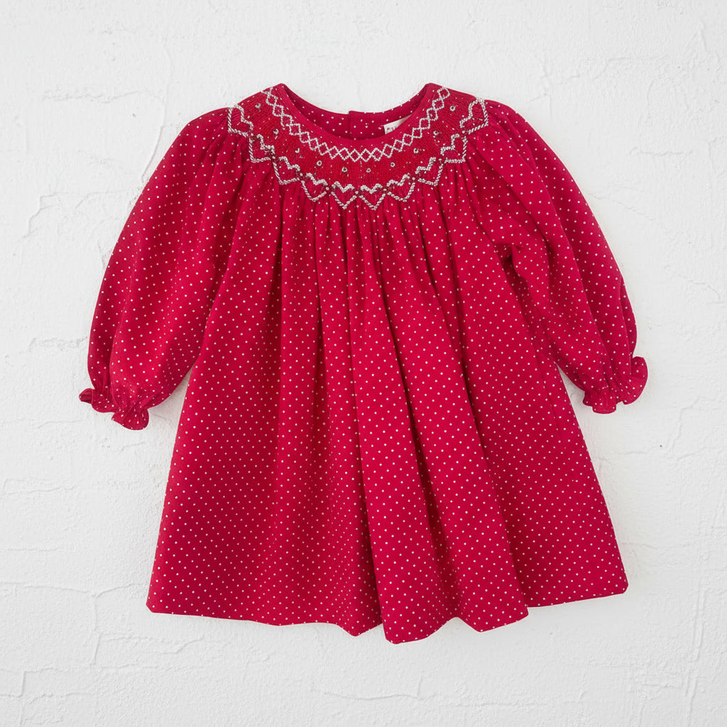 Girls' Dress with Heart Shaped Bishop Smocking in Red