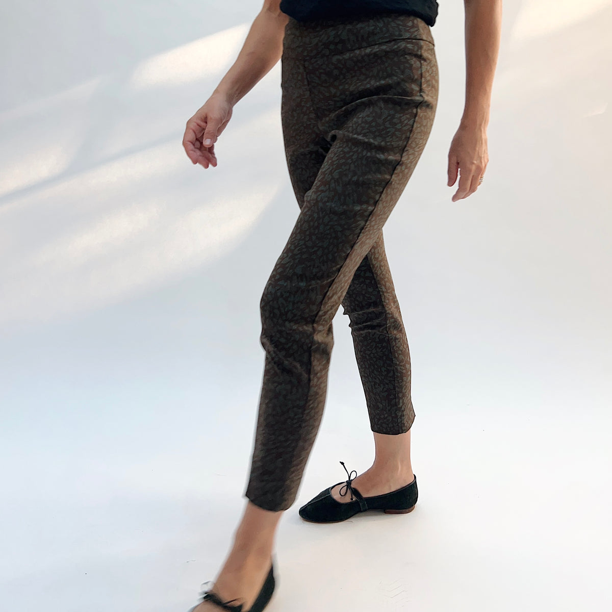 Lisette Sepia Leopard Slim Ankle Pant, side view showing the slim silhouette and sepia leopard jacquard fabric
