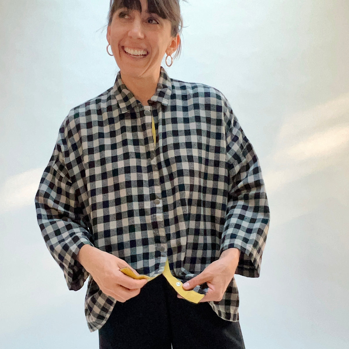 Eleven Stitch Big Check Big Shirt in Fennel, front view showing the relaxed boxy fit and mustard contrast side vent detail in large fennel gingham check cotton flannel
