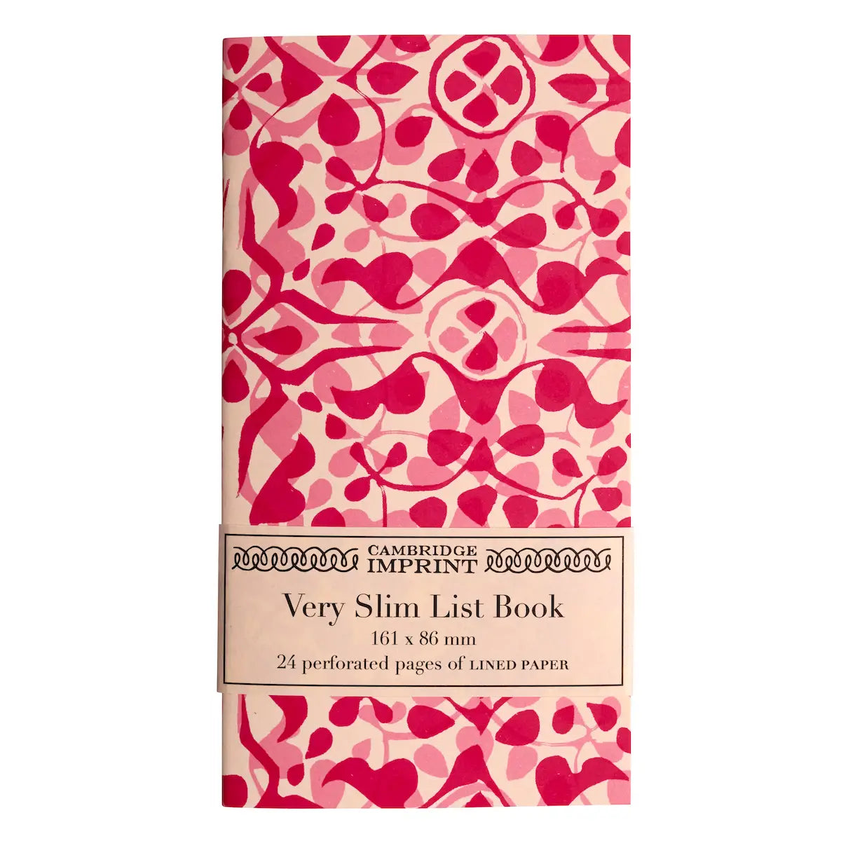 Cambridge Imprint very slim list book with pink floral pattern on a white background