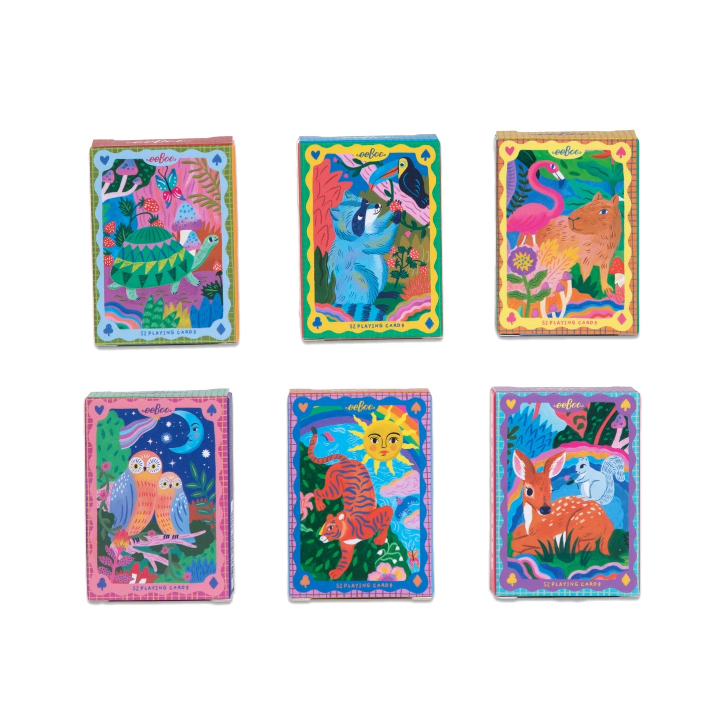 Six colorful illustrated cards arranged in two rows on a plain white background. Each card features a different whimsical animal scene with bright, saturated colors and decorative borders.