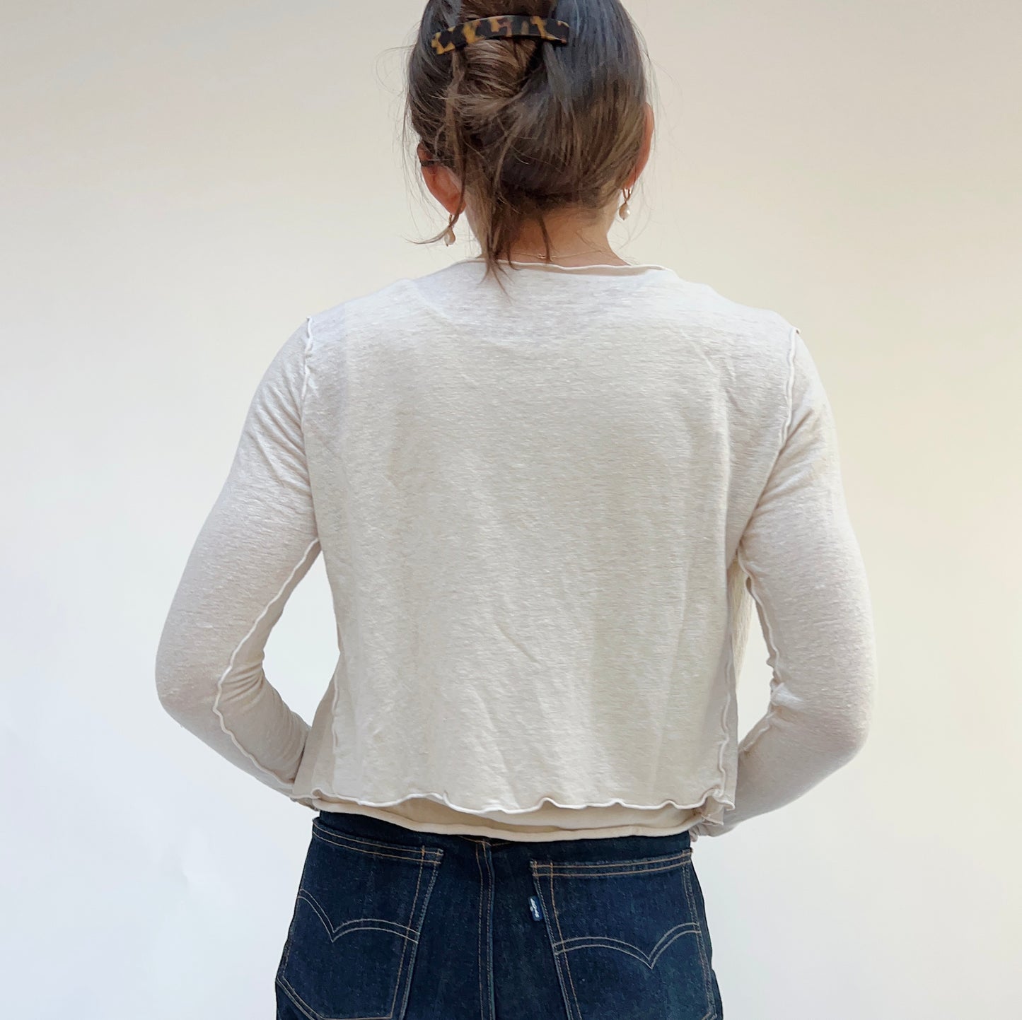 Cropped Fine Linen Blend Cardigan in Jicama