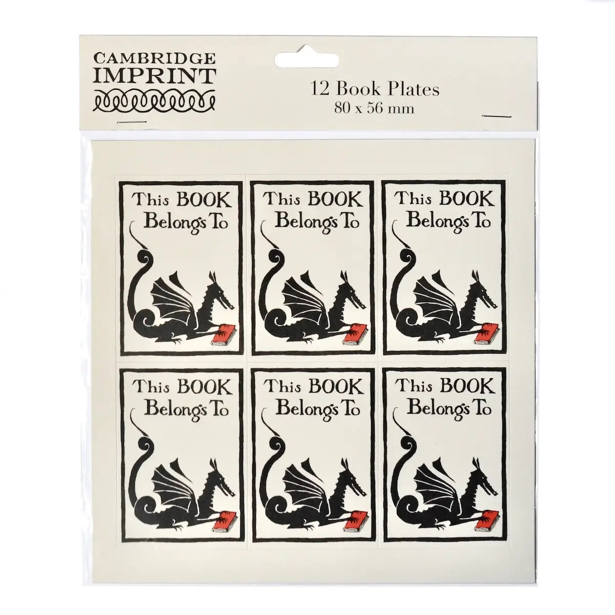 Cambridge Imprint 12 Book Plates set in clear plastic packaging, featuring a black dragon illustration and the text 'This BOOK Belongs To' on a cream background.