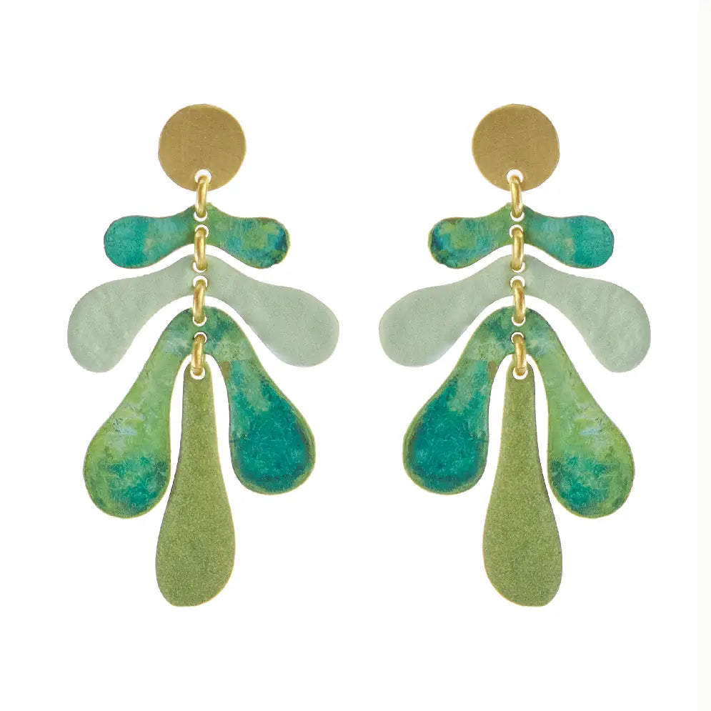Pair of Sibilia Agua Viva Earrings in Green, featuring a matte gold disc stud top with three tiers of organic teardrop-shaped treated brass drops in graduating teal, sage green, and olive green patina, connected by gold jump rings, on a white background
