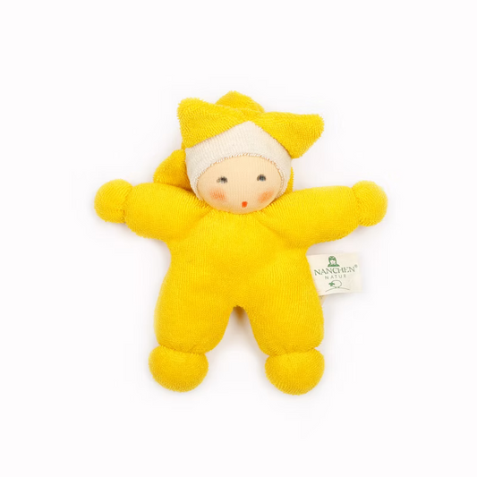 Yellow plush toy with a white hat on a white background