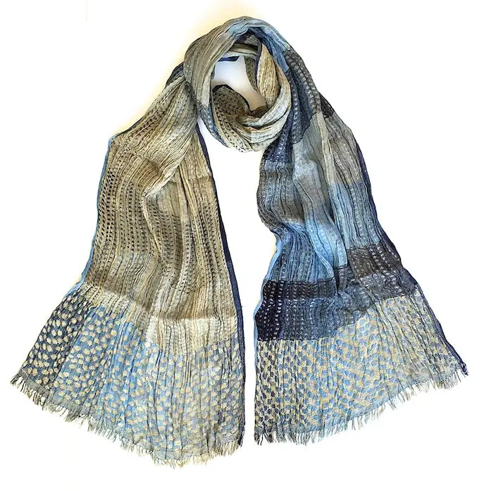 Marigold Row | Handwoven Crinkled Silk Scarf in Blue/Grey