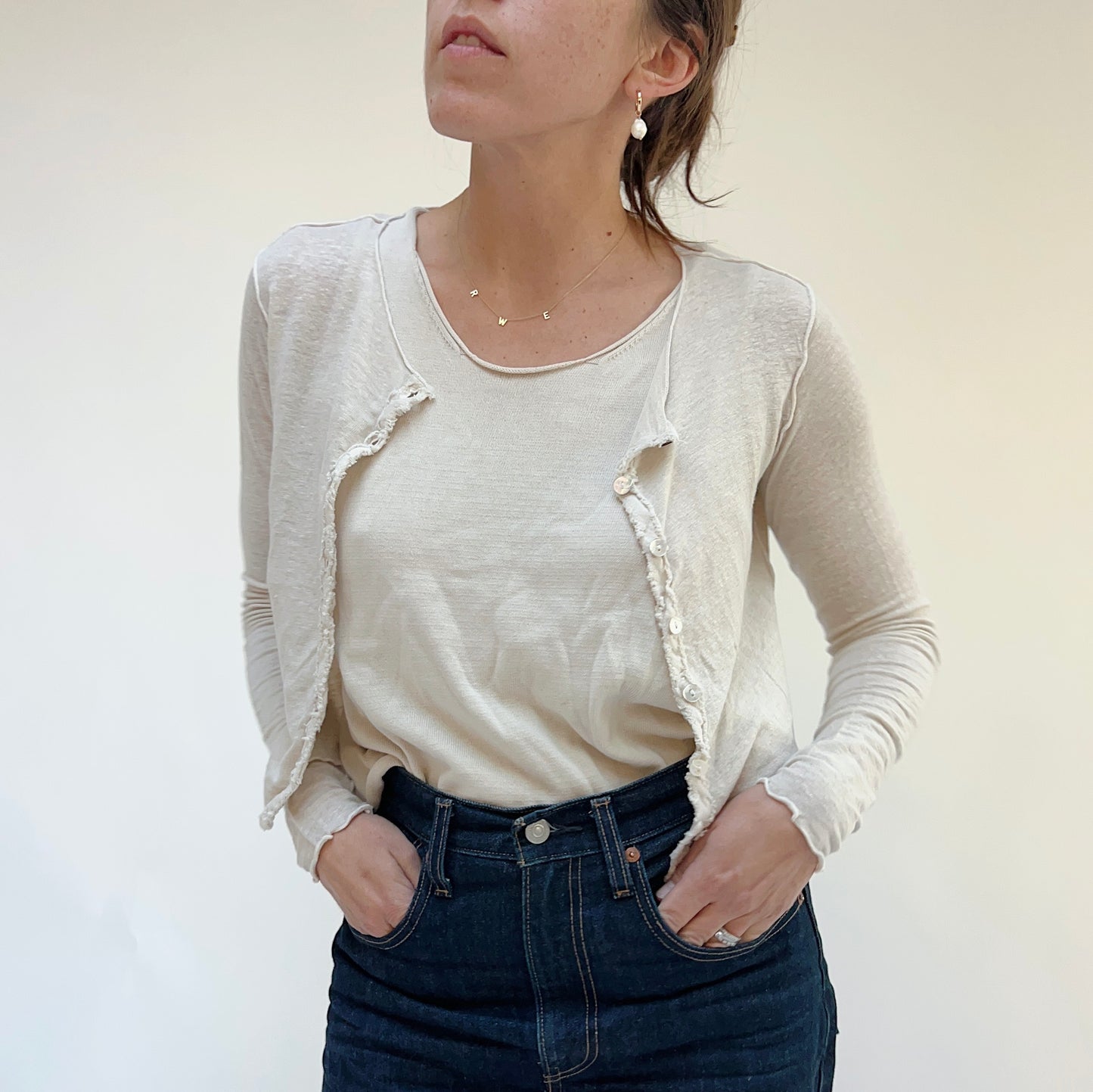 Cropped Fine Linen Blend Cardigan in Jicama
