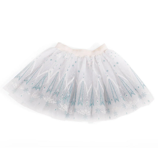 Great Pretenders Winter Wonderland Tutu, a white layered tulle tutu with an icy blue crystal and snowflake print and scattered iridescent sequins, with a white felt waistband, on a white background
