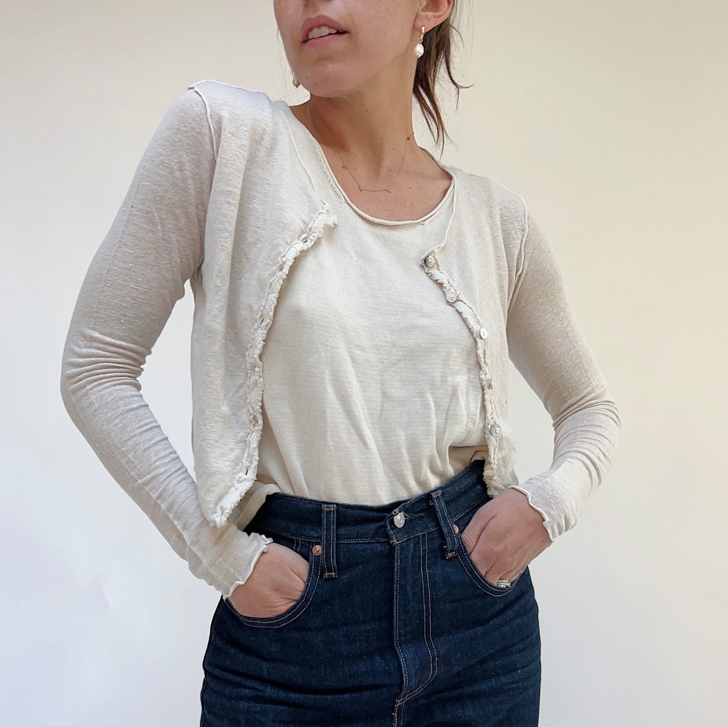 Cropped Fine Linen Blend Cardigan in Jicama