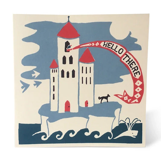 Illustration of a lighthouse with red roofs and a banner saying 'Hello There' on a blue and beige background.