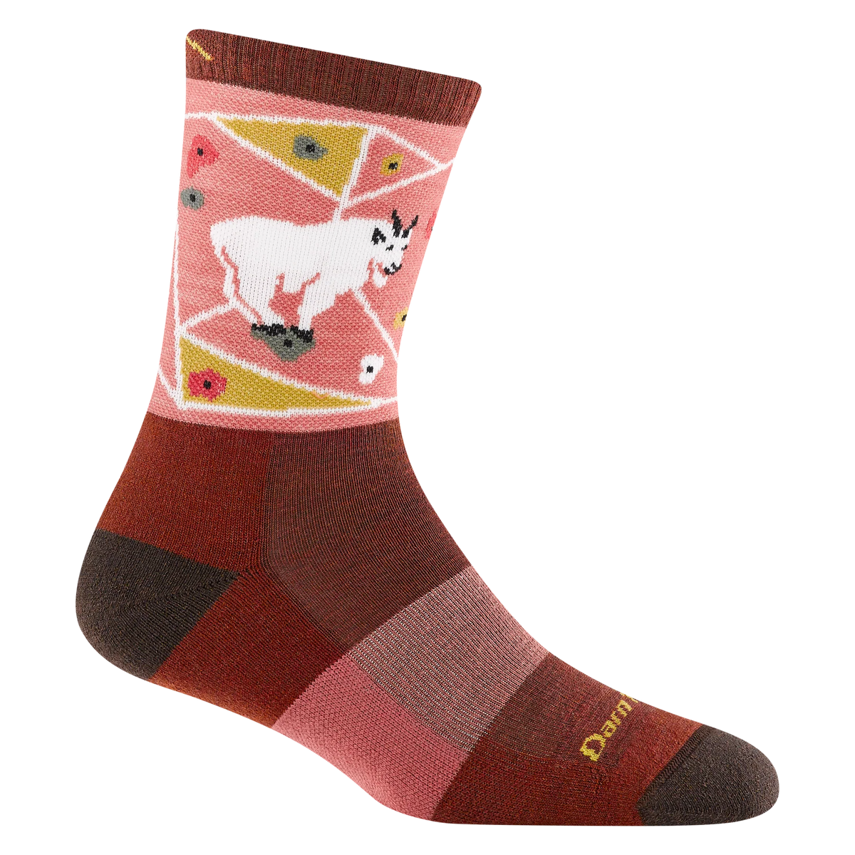 Colorful sock with a pattern of a goat and geometric shapes on a white background