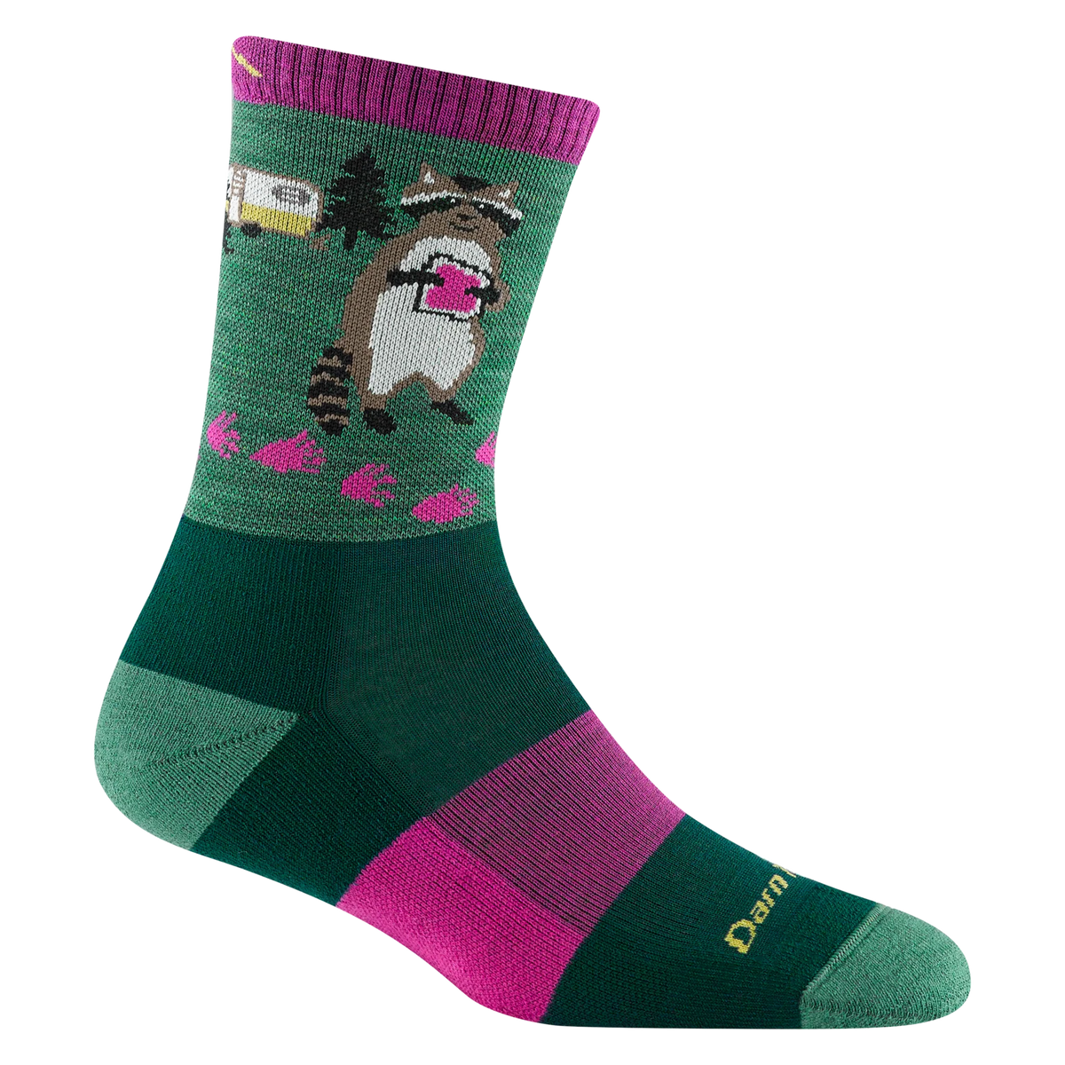 Colorful sock with raccoon design on a white background