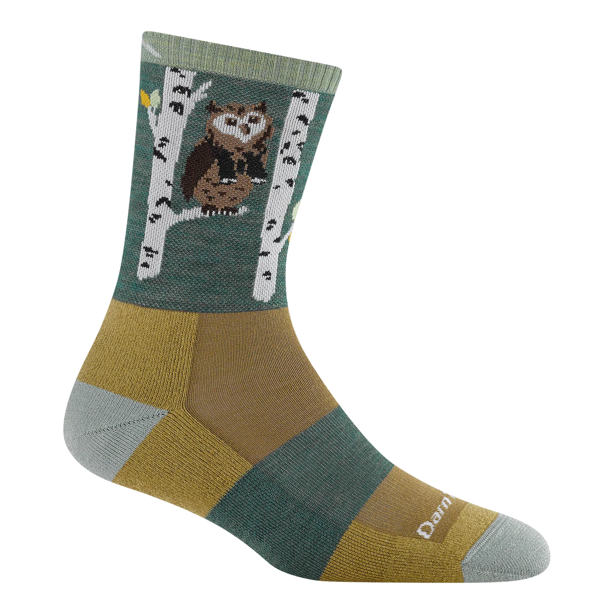 A single crew sock with a woodland owl design on a white birch tree, featuring a color-blocked pattern in sage green, mustard yellow, brown, and light gray on a white background.