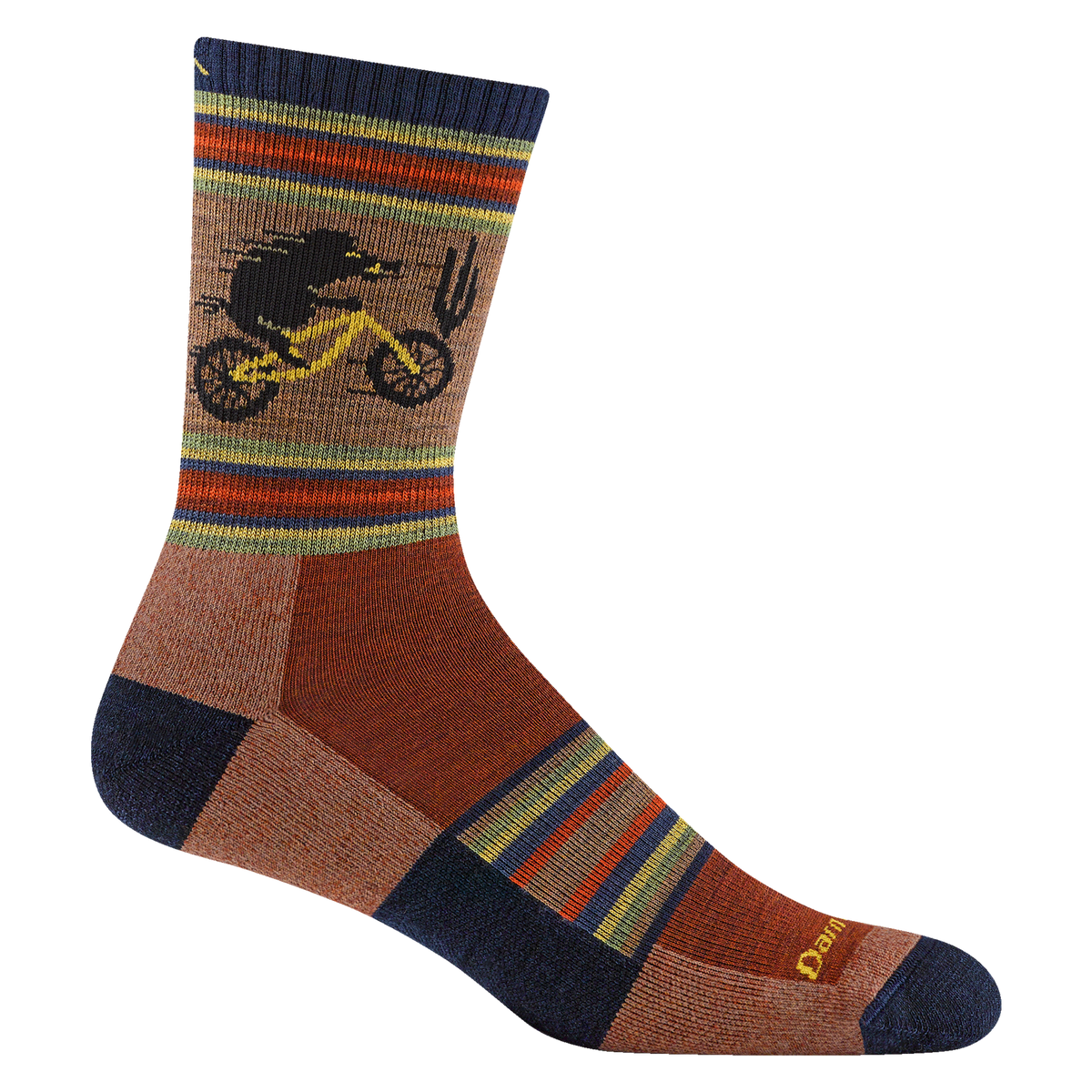 Darn Tough chestnut micro crew sock with a bear riding a yellow bicycle, colorful stripes, and navy cuff, heel, and toe.
