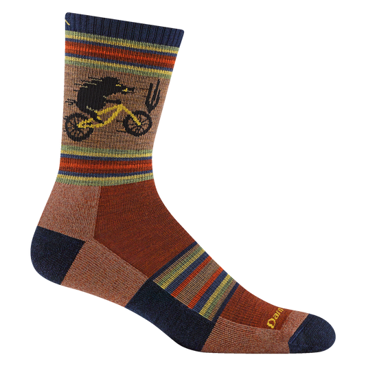 Darn Tough chestnut micro crew sock with a bear riding a yellow bicycle, colorful stripes, and navy cuff, heel, and toe.
