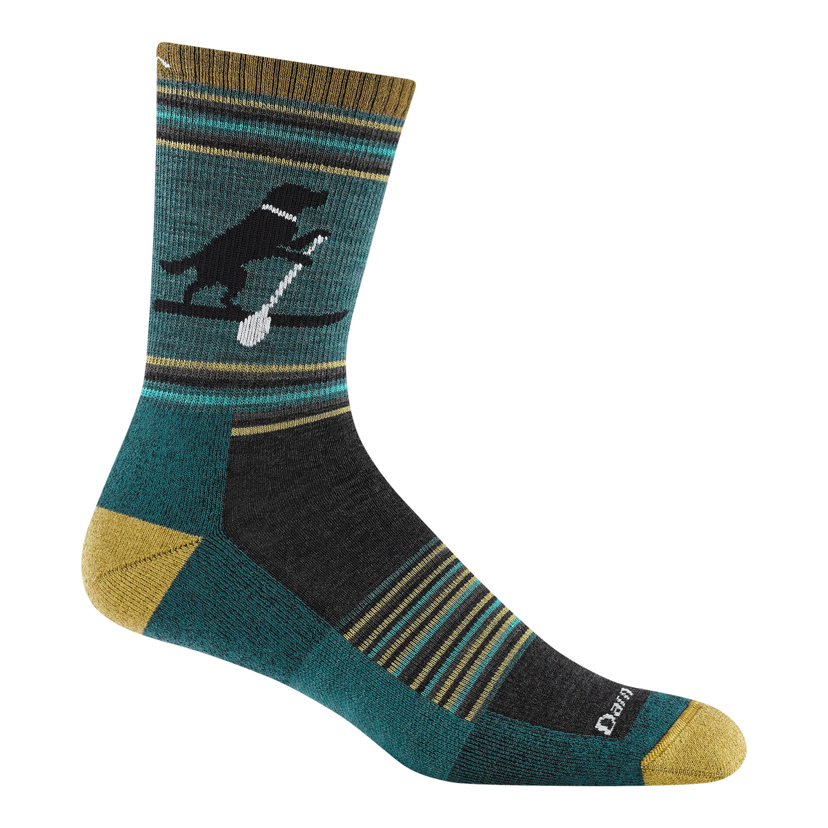 Darn Tough teal micro crew sock with a black dog holding a white paddle, striped accents, and mustard-yellow heel and toe.

