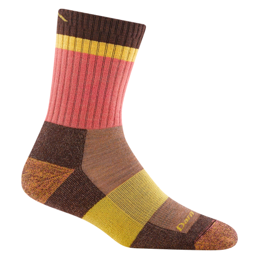 Darn Tough micro crew sock with a coral ribbed leg, brown cuff and foot panels, yellow bands, and rust-colored heel and toe.
