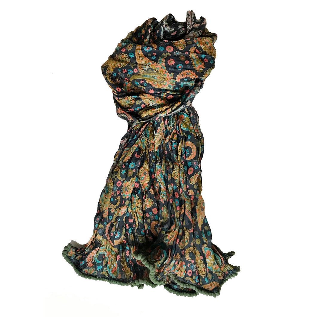 Little Journeys | Paisley Crinkled Cotton Scarf in Grey