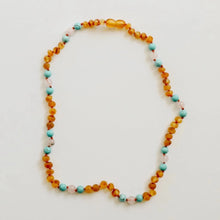Load image into Gallery viewer, Raw Honey Baltic Amber and Natural Turquoise + Rose Quatrz Necklace
