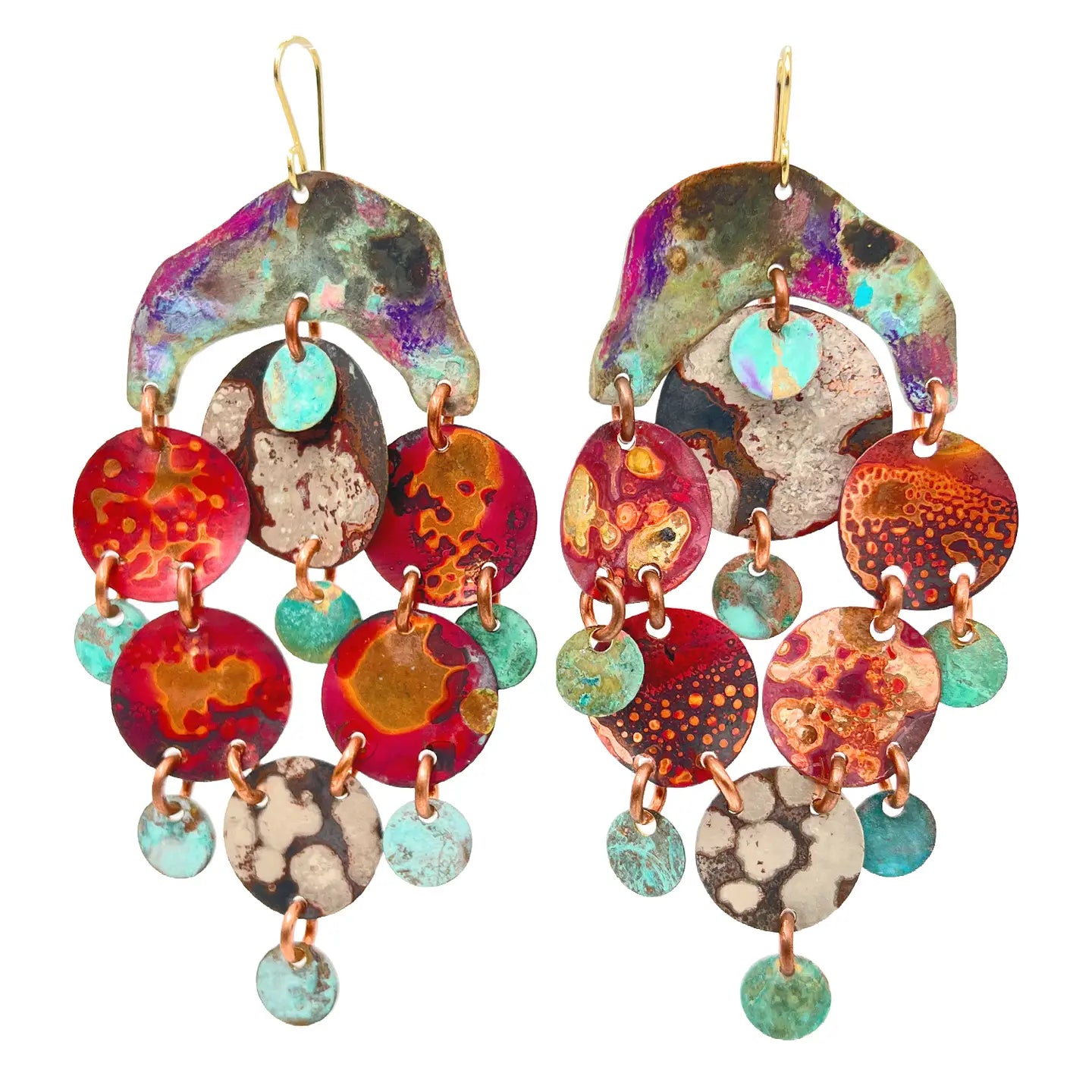 Pair of Sibilia Noche Mineral Earrings in Mixed Patina, featuring a large organic crescent-shaped top piece with cascading multi-sized round disc drops in vivid red, orange, turquoise, purple, and gold mixed patina on copper jump rings, hanging from gold wire hooks, on a white background