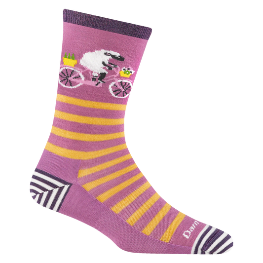 Purple sock with yellow stripes and a cartoon character on a white background