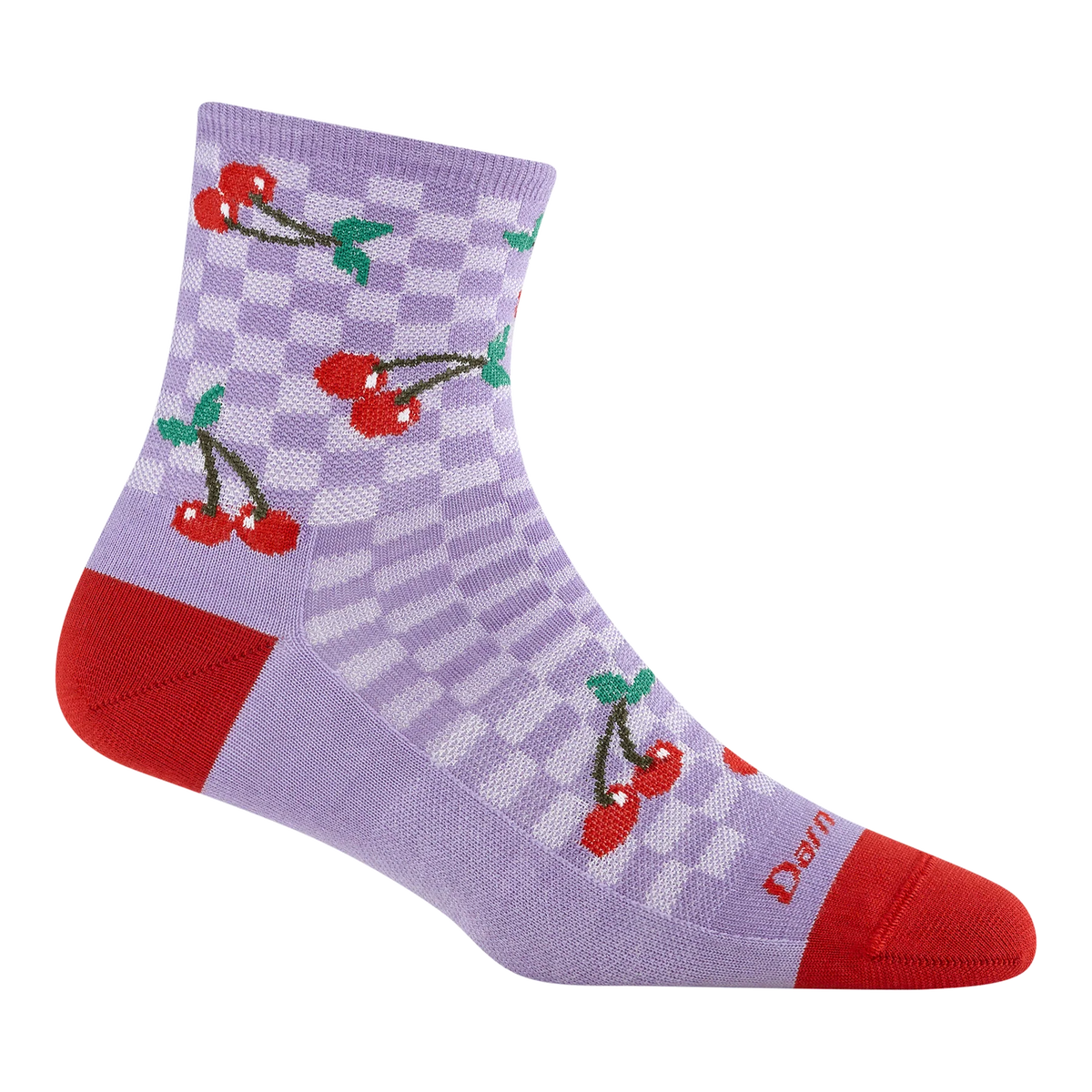 Darn Tough lavender shorty sock with red cherries, green leaves, and contrasting red heel and toe.
