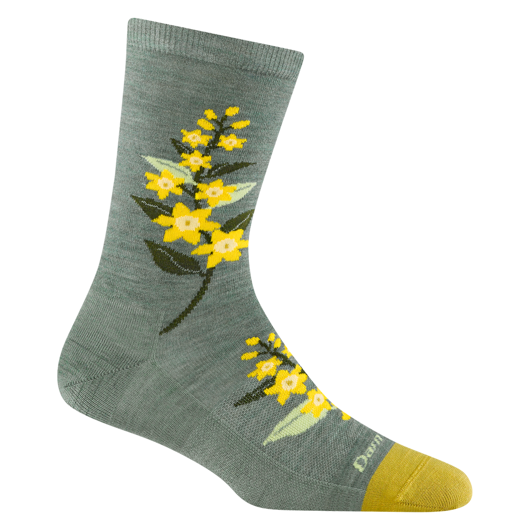 Gray sock with yellow floral design on a white background