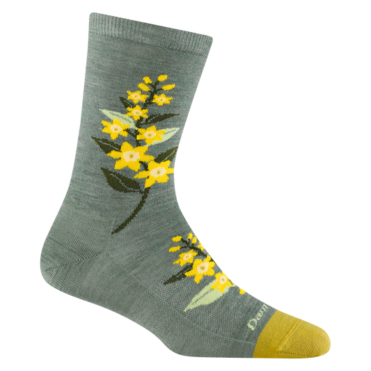 Gray sock with yellow floral design on a white background