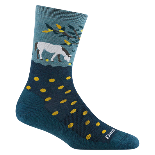 Darn Tough dark teal crew sock with a white horse beneath leafy branches, yellow accents, and yellow dots across the ankle and foot.

